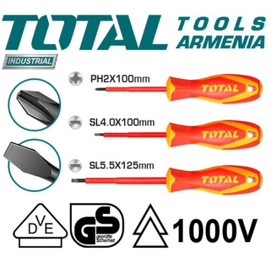 A set of dielectric screwdrivers up to 1000V 3 pcs. A set of dielectric screwdrivers up to 1000V 3 pcs.